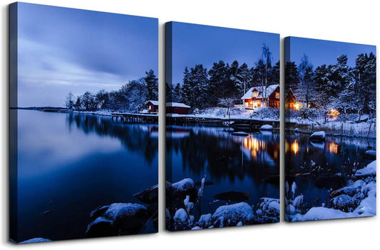 Snow in Winter Wall Art for Living Room Canvas Prints Artwork Bathroom Wall Decor Quiet Blue Lakes and Villages Painting 3 Pieces Framed Bedroom Wall Decorations Office Home Decor