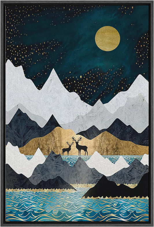 Framed Canvas Print Wall Art Elk Duo with Multicolor Mountains & Blue Sea Abstract Wilderness Illustrations Modern Art Contemporary Scenic for Living Room, Bedroom, Office - 16"X24" Black