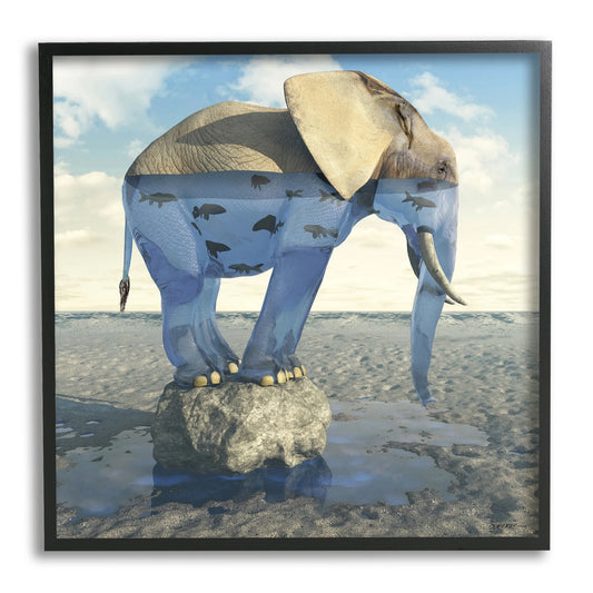 Surreal Elephant Pond Water Rock Fish Pattern Framed Wall Art, 12 X 12, Design by Cynthia Decker