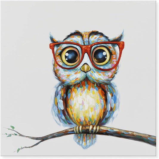 Funny Animal Canvas Wall Art Hand Painted Owl with Glasses Painting Colorful Owl Picture for Kidroom Baby Nursery Room Bedroom Home Decoration (24X24 Inch, Mrs Owl)