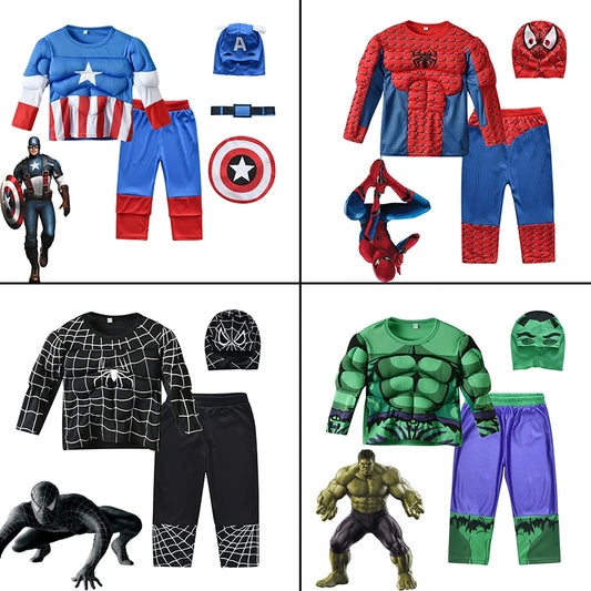 Marvel Hero Hulk Captain America Cosplay Costume Boy Kids Clothes Spiderman Muscle Suit Halloween Carnival Birthday Party