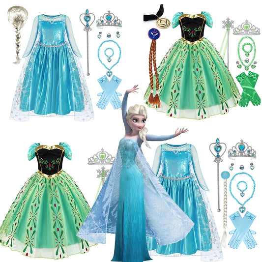 Disney Princess Anna Elsa Dress Girls Cosplay Mesh Ball Gown Halloween Carnival Birthday Clothes Kids Snow Queen Frozen Costume