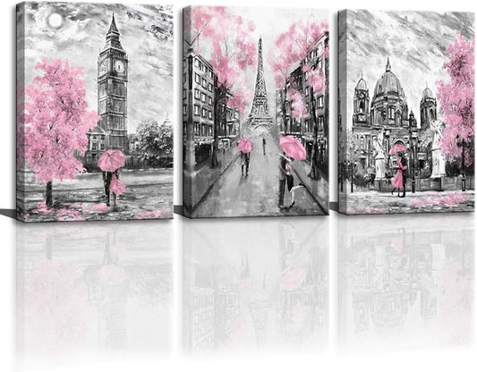 Large Wall Art for Bedroom Living Room Bathroom Black and White Paris Decor Print for Girls' Rooom Pink Paris Theme London Big Ben Eiffel Tower Painting