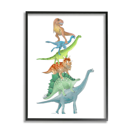 Stacked Dinosaurs Balancing T-Rex Stegosaurus Illustration Graphic Art Black Framed Art Print Wall Art, Design by Dishique